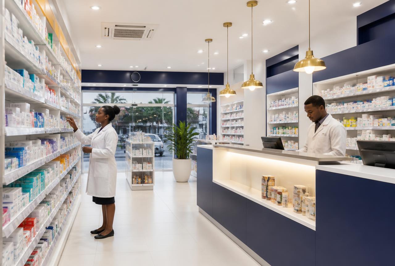 Shelves of vitamins and supplements inside an Artemis pharmacy